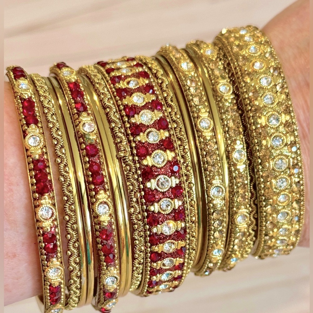Amrita Singh, Gold Tone Bangles, Textured Ruby, Gold, Diamond Crystals, 18p Set